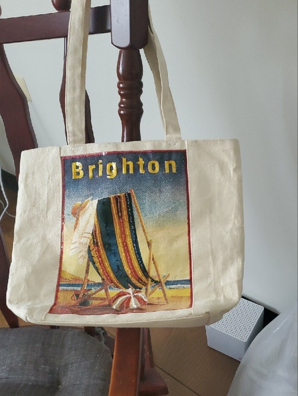 Brighton Cream Canvas Tote with Multicolor Beach Deckchair Print